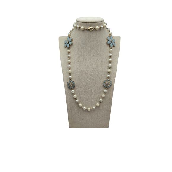 Vintage Pearl & Pale Blue Floral Statement Necklace - Picture 7 of 7